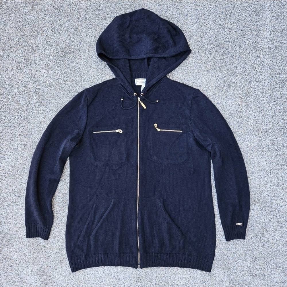 St. John Sport Knit Dark Navy Gold Logo Zip Up Sweater Jacket Cardigan Size Med
